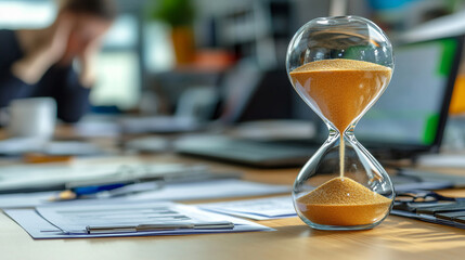 hourglass sits on an office desk, symbolizing the urgency of time running out. The blurred background emphasizes focus on the passing moments, representing deadlines, productivity, and life's fleeting