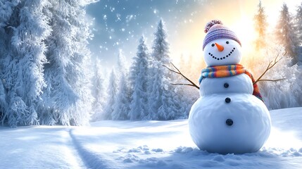 Obraz premium A snowman at the base of a towering pine tree in a deep winter forest, wearing a colorful scarf and holding a snow-covered branch. The sunlight filters through the dense forest canopy,