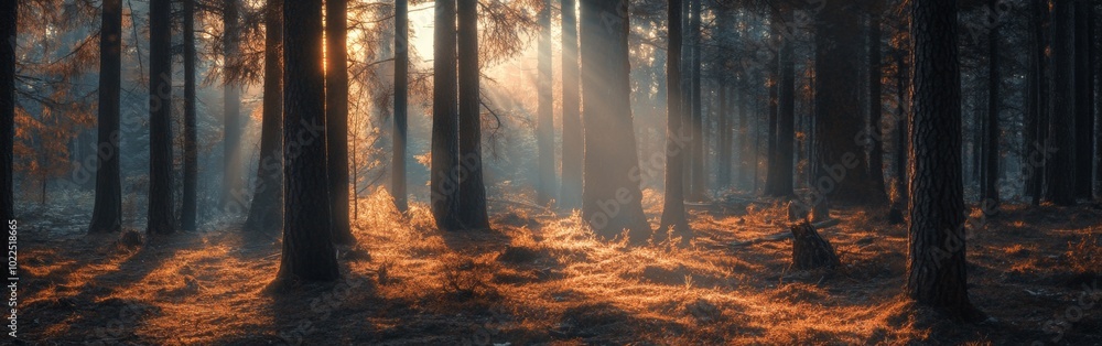 Poster sunlight filters through trees in a serene forest, creating a magical atmosphere during early mornin