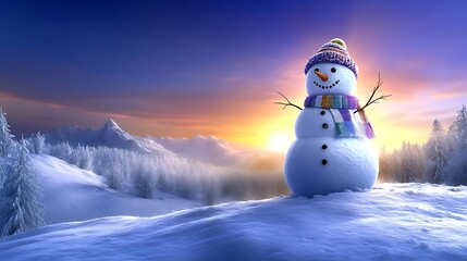 A snowman at the top of a snowy hill at sunset, wearing a hat made of twigs and a patchwork scarf. The sun dips behind the distant mountains,