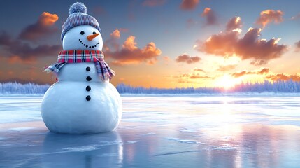 A snowman built at the edge of a frozen lake, with the setting sun casting a warm, golden light on its form. The snowman wears a plaid scarf and earmuffs,