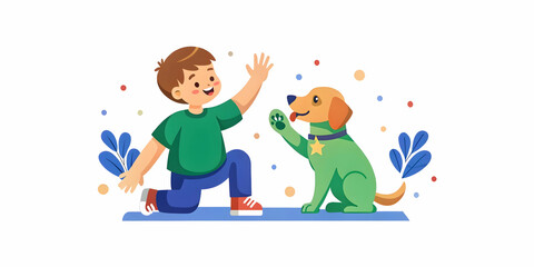 Therapy Dog High Fiving Child on Plain Background - Joyful Pet Therapy Interaction with Copy Space for Emotional Connection