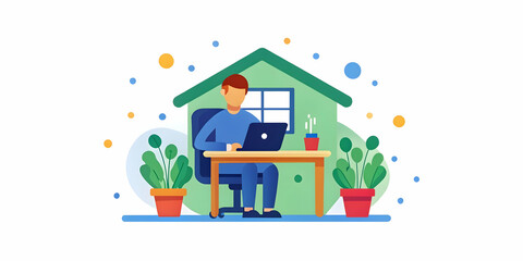 Abstract Digital Art of a Remote Worker Using a Tablet in a Minimalist Home Office with Soft Bokeh Effects � Concept of Efficient Clutter-Free Workspace