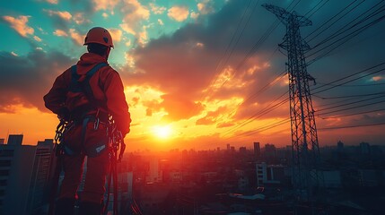 Fototapeta premium A lone worker in safety gear stands on a rooftop overlooking a city skyline at sunset, looking out at the power lines.