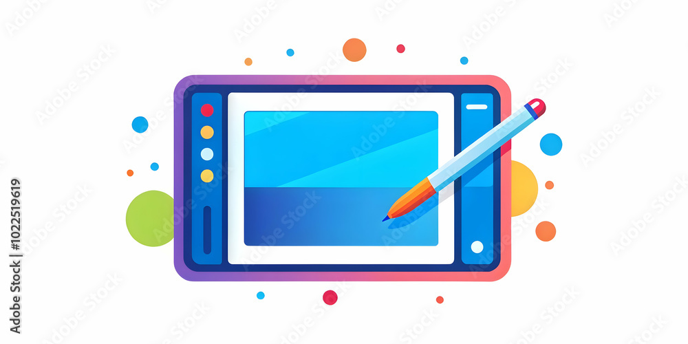 Poster modern tablet and stylus on plain background with copy space: creative work from home concept featur