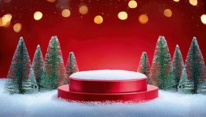 Glossy red podium made of snow for presentation with spruce trees, Christmas or New Years.