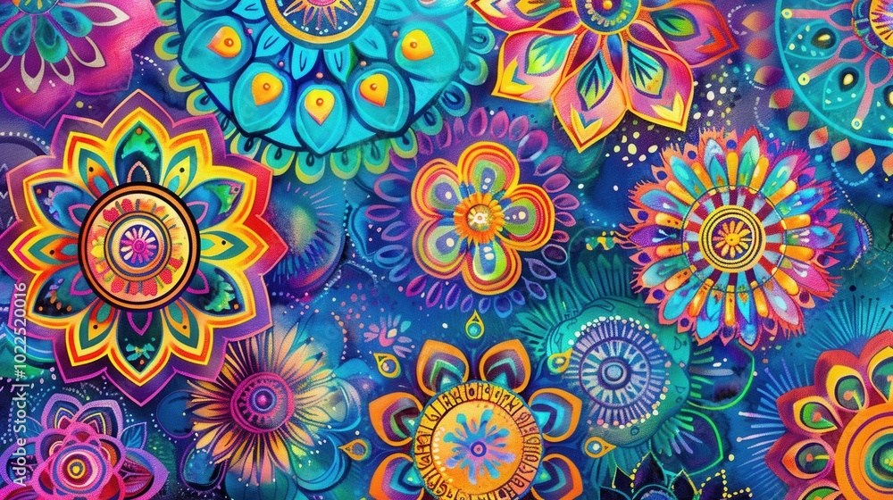 Canvas Prints A collection of vibrant floral mandalas fills the canvas with vivid colors and intricate designs, creating a visually captivating artwork. Generative AI