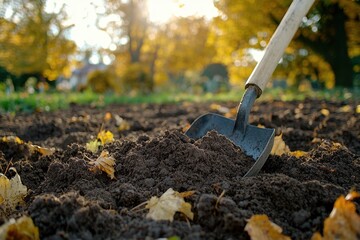 A close-up of a shovel digging into rich soil, surrounded by autumn leaves in a beautiful outdoor setting