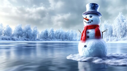 A snowman built on the shore of a frozen lake, wearing a bright red scarf and a top hat, with the lake reflecting the surrounding snow-covered trees. The overcast sky casts a soft,