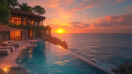 Obraz premium Serene sunset view over an infinity pool by the ocean.