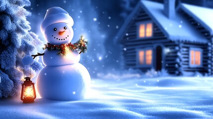Obraz premium A snowman by the entrance of a snow-covered log cabin, holding a lantern that casts a warm, inviting light on the surrounding snow. The cottage is adorned with holly garlands and a snowy wreath,