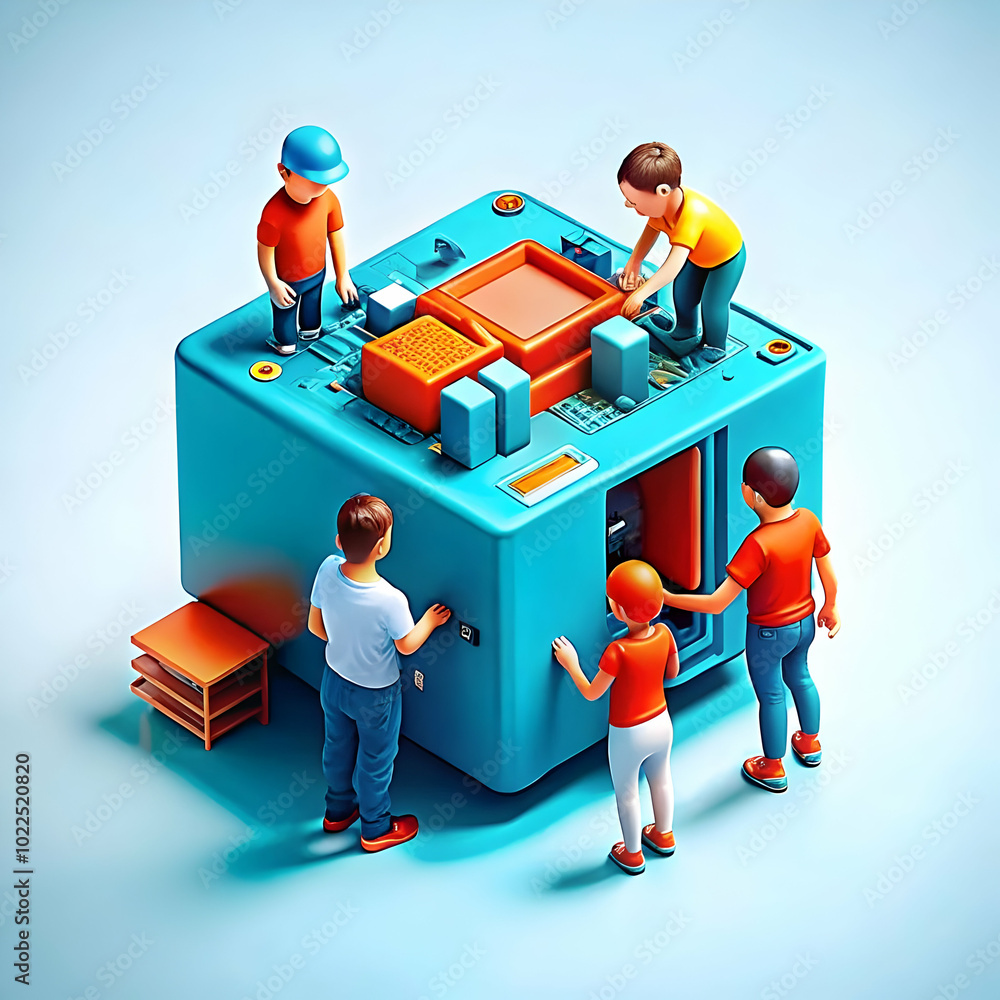 Poster close-up of a family collaboratively assembling a high-tech gadget with micro components, highlighti