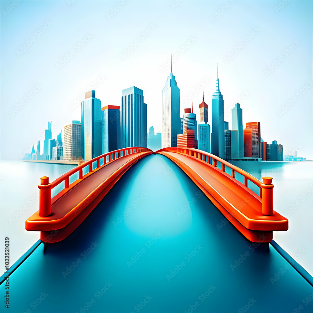 Poster empty bridge leading to city skyline under clear sky - glossy background with ample copy space for a