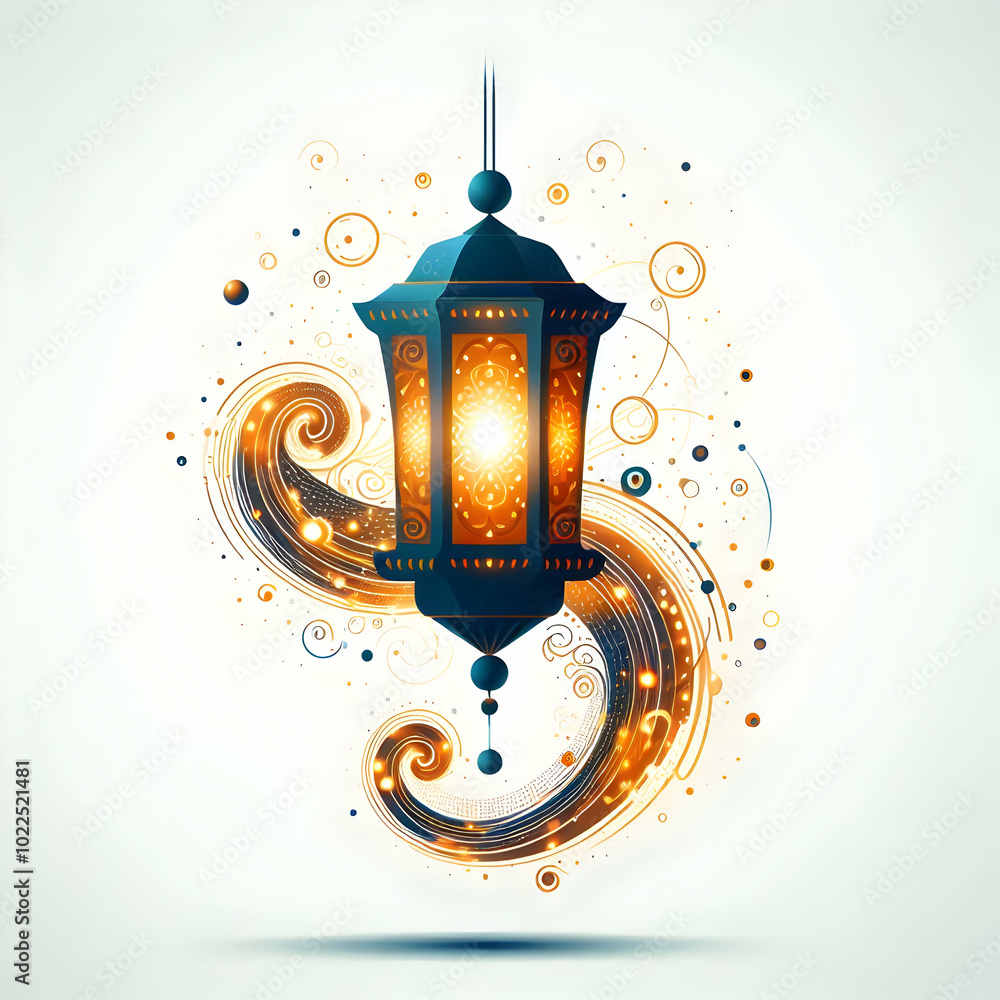 Poster minimalist vector illustration of a glowing diwali lantern with swirling light patterns floating in 