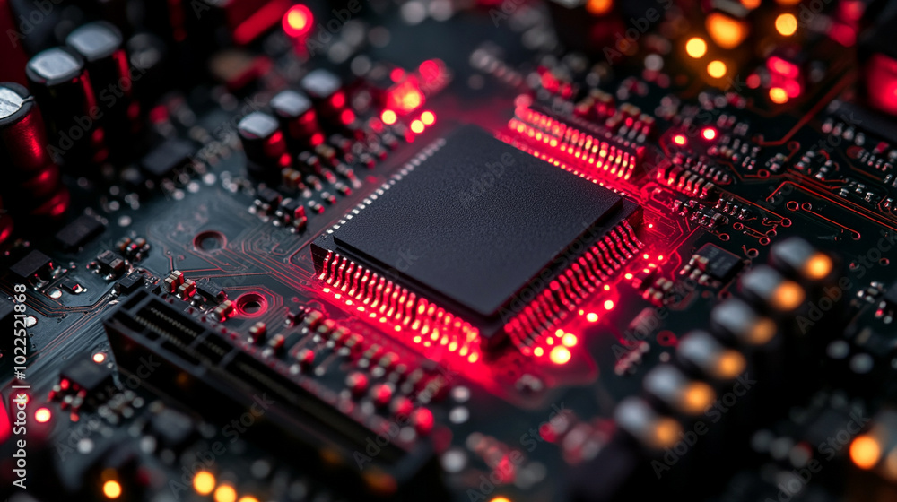 Poster microprocessor with intricate circuit lines, symbolizing the core of modern computing technology, in