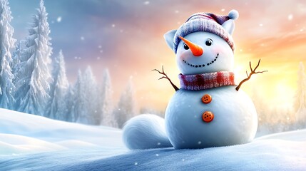 Obraz premium A snowman crafted to resemble a fox, with pointed snow ears and a long, curving snow tail. The snow fox is sitting on a snowy hill, with its button eyes and carrot nose giving it a playful expression.