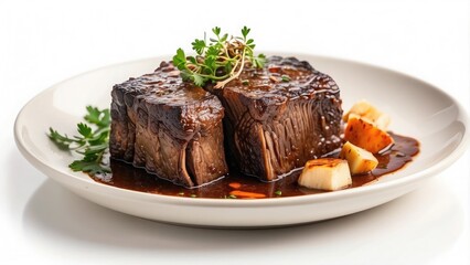 A serving of braised short ribs with a rich glaze, tender and succulent, isolated on white background.