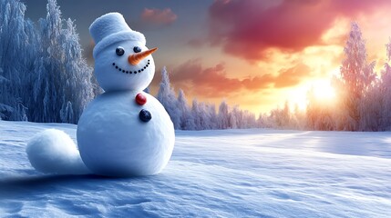 Obraz premium A snowman crafted to resemble a fox, with pointed snow ears and a long, curving snow tail. The snow fox is sitting on a snowy hill, with its button eyes and carrot nose giving it a playful expression.