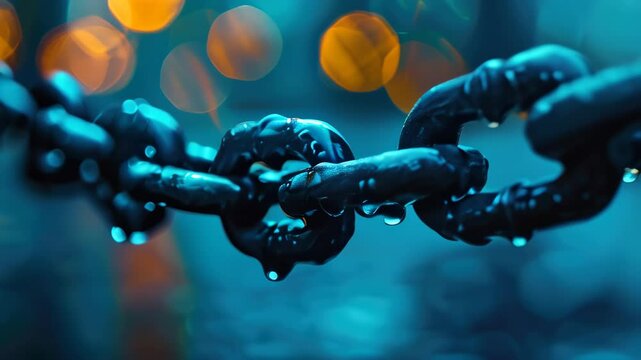 Captivating close-up of a chain with raindrops highlighting its texture in an urban setting during twilight
