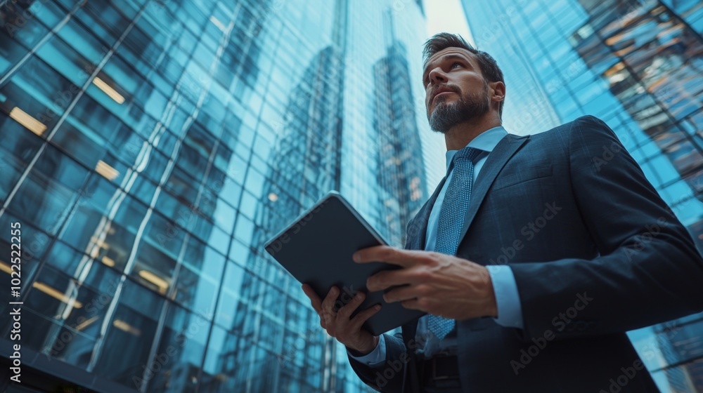 Poster businessman using a tablet while standing in front of a skyscraper