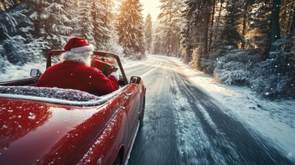Santa driving vintage red convertible through snowy forest road with gift, celebrating festive season of merry christmas and happy new year