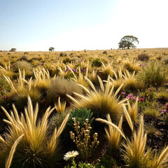 Green desert grassland close-up with plant variety 