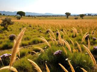 Plants in a desert grassland with trees and clear sky