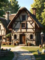 Panorama of Medieval style Houses in the woods 