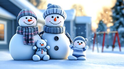 Obraz premium A snowman family posed together in a backyard, each with distinct accessories like buttons, earmuffs, and mittens, creating a charming family portrait. The dad snowman has a big mustache,