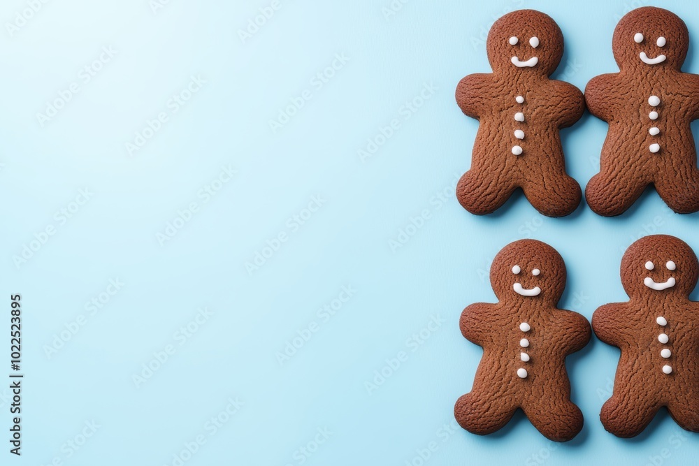 Wall mural smiling gingerbread cookies on blue background with copy space