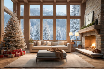 AI-generated image of winter luxury Chalet with Christmas decorations, and plush furnishings, with a view from an open-concept window of a snow-covered mountain