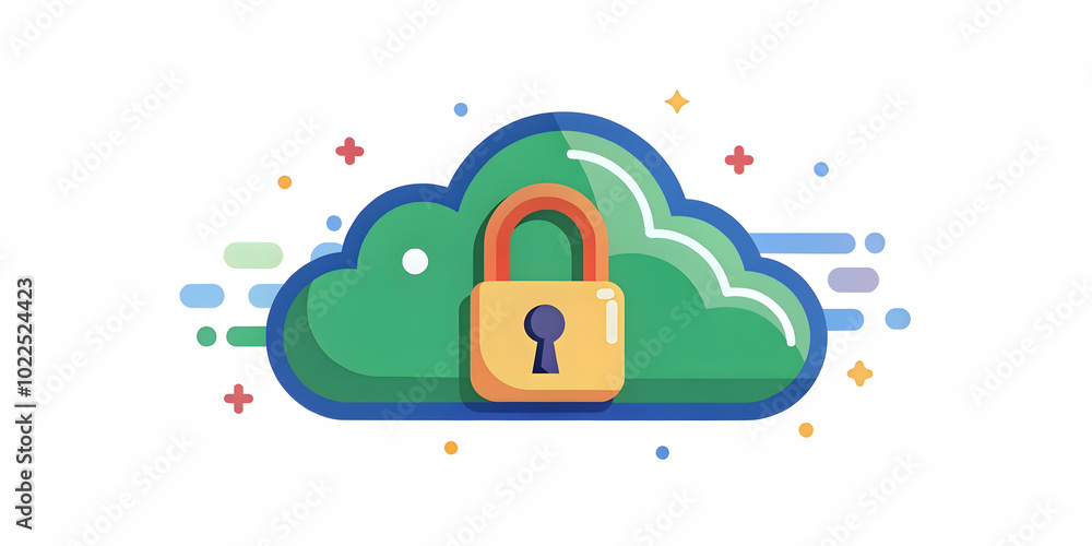Poster glossy cloud security concept: camera captures iconic cloud with lock and key on plain background fo
