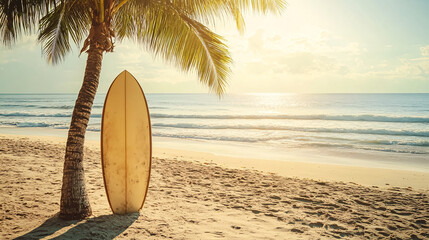 Surfboard and palm tree on a beach background.