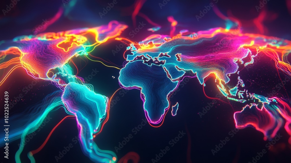 Poster abstract neon world map with vibrant, flowing colorful lines