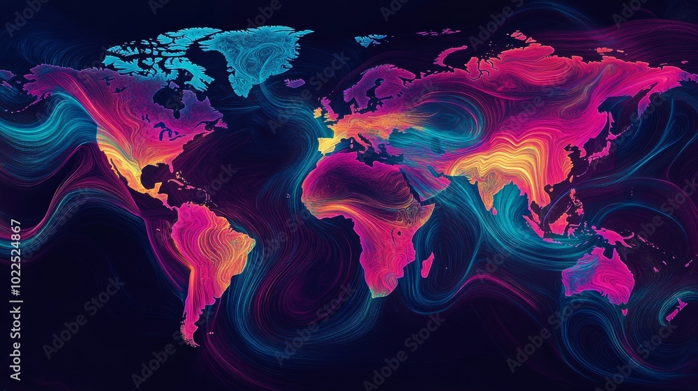 Poster abstract neon world map with vibrant, flowing colorful lines