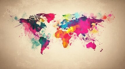 A colorful artistic representation of a world map, showcasing vibrant regions and cultures.