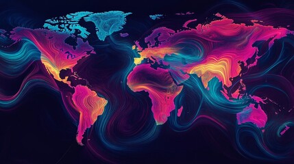 Abstract Neon World Map with Vibrant, Flowing Colorful Lines