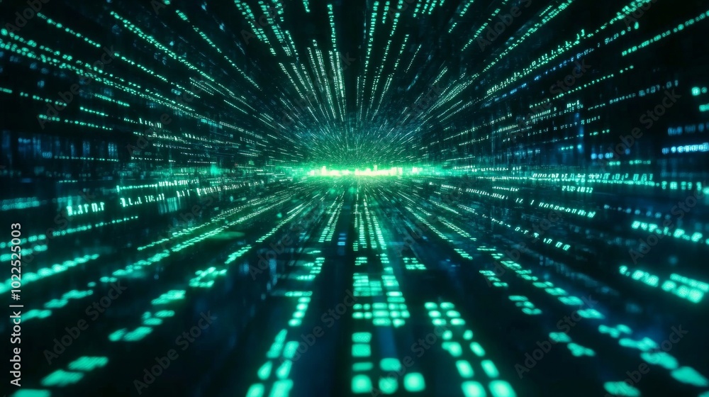 Aufkleber Binary Code Matrix in Green on Futuristic Blue Background - Tech Perspective