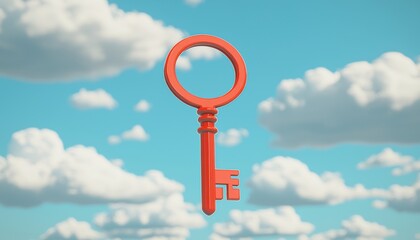 A bright red key suspended in a blue sky with fluffy clouds, symbolizing access, opportunity, or solutions.