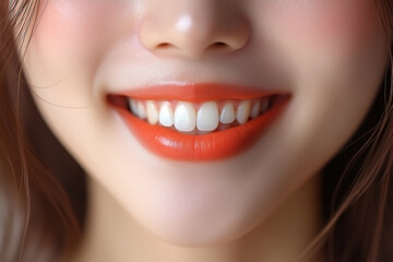 Obraz premium A close-up portrait of a cheerful Asian woman, focusing on her mouth and her radiant teeth