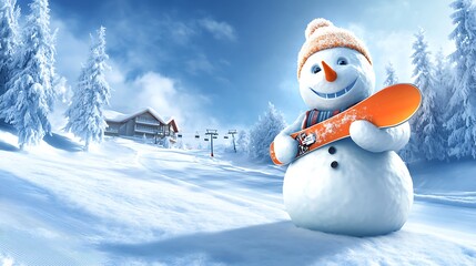 Obraz premium A snowman holding a snowboard, standing proudly on a ski resort trail, with snow-covered fir trees and a ski lodge in the background. The snowman has a big smile and a carrot nose,