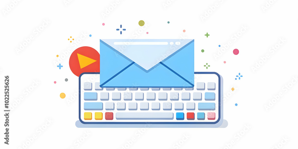 Poster plain background with envelope and keyboard - concept of communication, happiness, and working from 