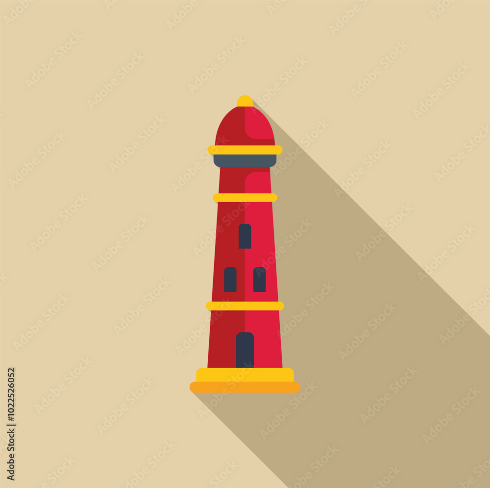 Poster minimalist vector illustration of a red lighthouse casting a long shadow, evoking safety and guidanc