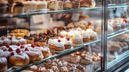 an assortment captured in a bakery, featuring a tempting array of pastries and desserts displayed in a glass case