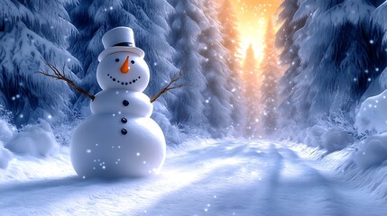 Obraz premium A snowman in a dense pine forest, surrounded by towering trees blanketed in snow. The snowman has twig arms and a carrot nose,