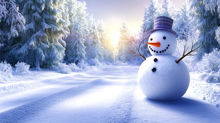 Obraz premium A snowman in a dense pine forest, surrounded by towering trees blanketed in snow. The snowman has twig arms and a carrot nose,