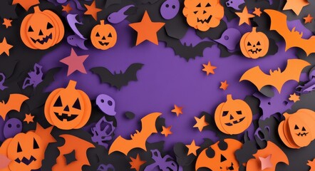 A spooky Halloween-themed paper cut card with orange and purple decorations, such as pumpkins, bats, stars, and ghostly faces. 