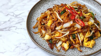 Fototapeta premium Spicy stir-fried noodles with vegetables egg on textured plate