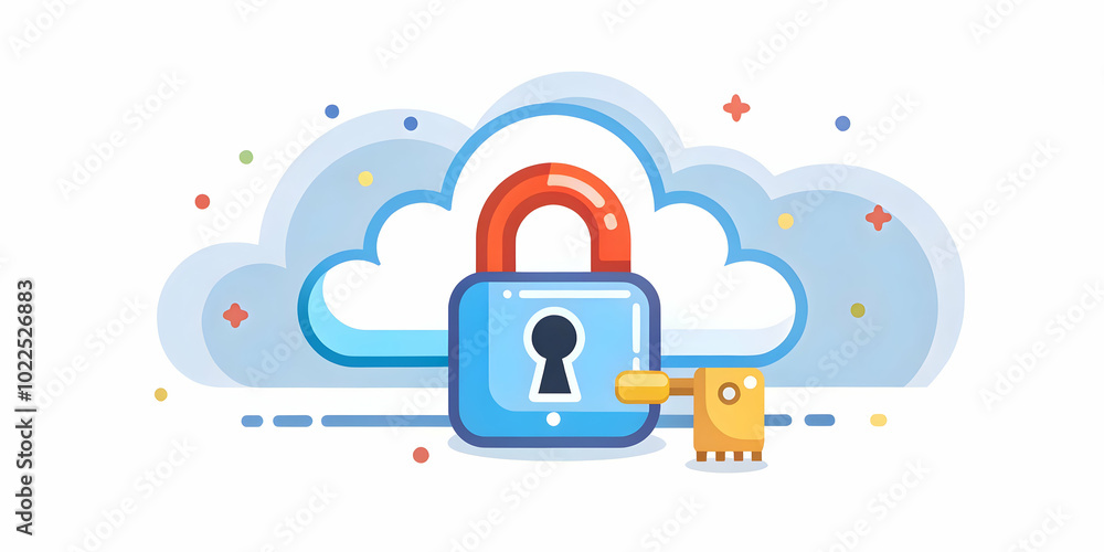 Poster glossy cloud icon with lock and key: camera captures security competence in cloud development on pla