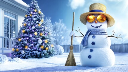 Obraz premium A snowman made with unconventional materials, wearing large, round sunglasses, a straw hat, and holding a broomstick. Its eyes are made from shiny buttons, and its nose is a small twig.